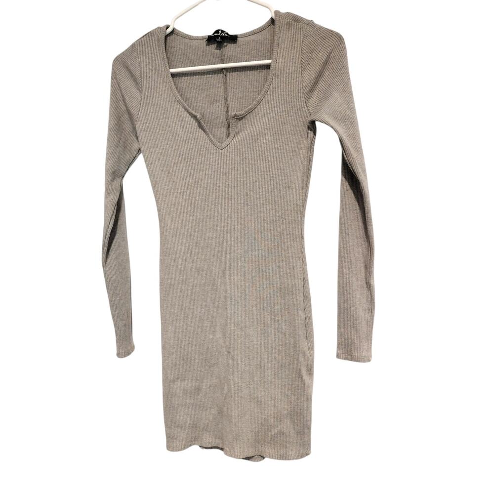 Lulus Small Gray Ribbed Bodycon Mini Dress Long-Sleeves Flirty 90s Cozy Casual